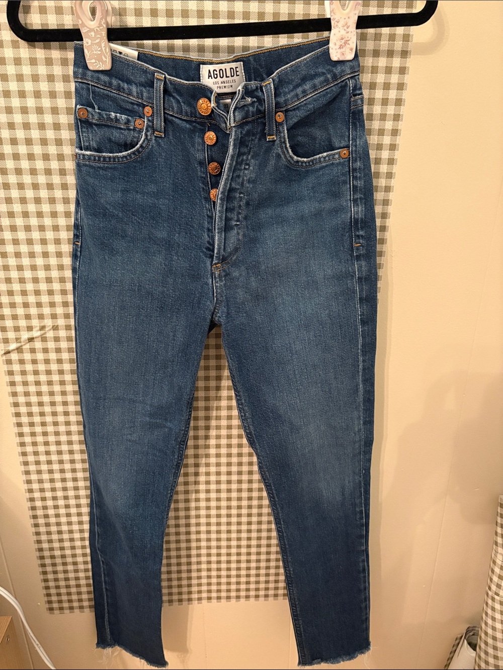 Agolde High-Rise Button-Fly Slim Jeans in Medium Blue